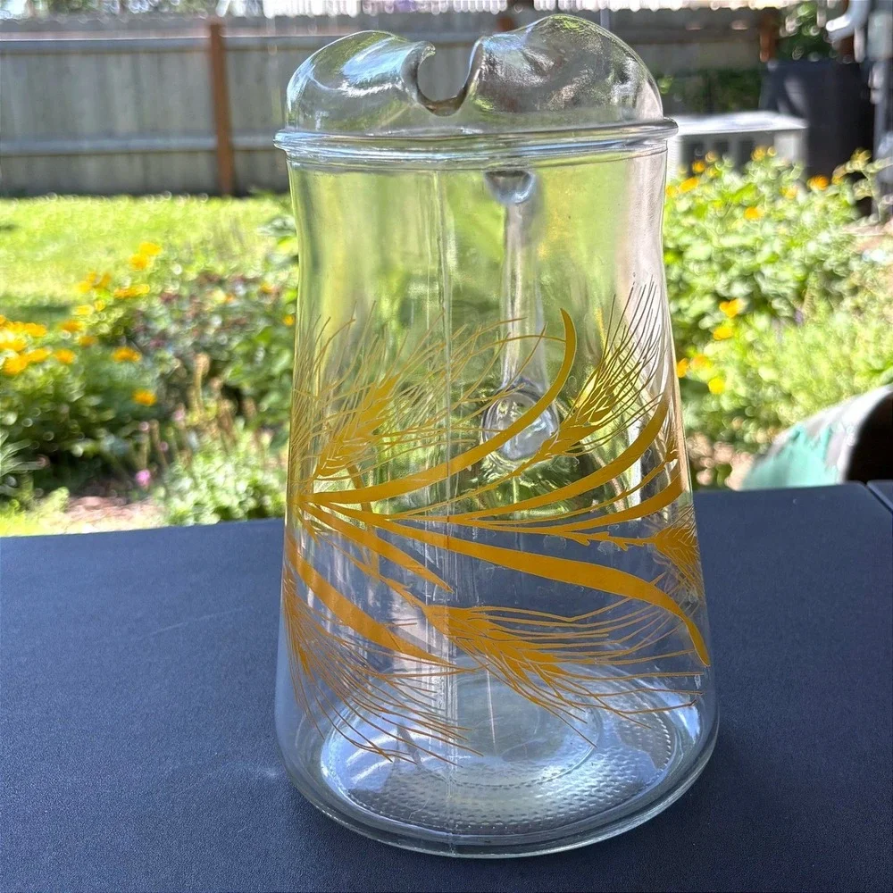 Vintage Mid Century Modern Yellow Golden Wheat Glass Pitcher with Ice Lip MCM